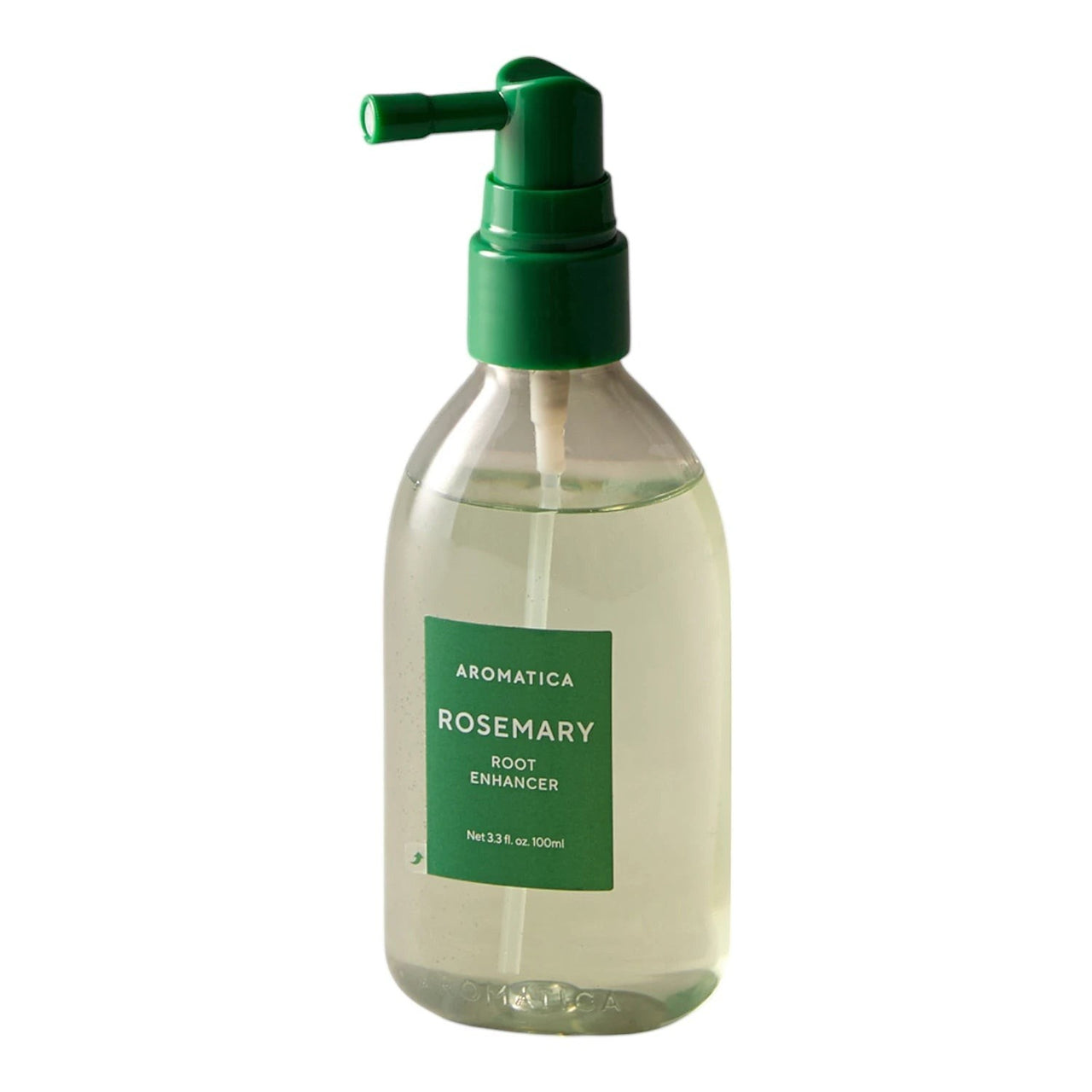 Skin TOGO Aromatica Rosemary Root Enhancer 100ml hair serum in a clear bottle with a green pump dispenser.