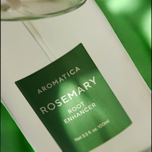 Skin TOGO Aromatica Rosemary Root Enhancer 100ml hair serum bottle with green label against a soft green background.