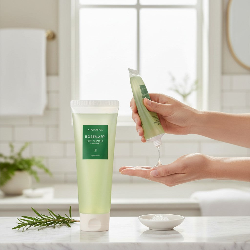 Skin TOGO Aromatica Rosemary Scalp Scaling shampoo being squeezed into a hand in a bright bathroom setting.