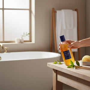 Skin TOGO Aromatica Tea Tree Purifying Shampoo bottle held by a hand in a bright, minimalist bathroom setting.