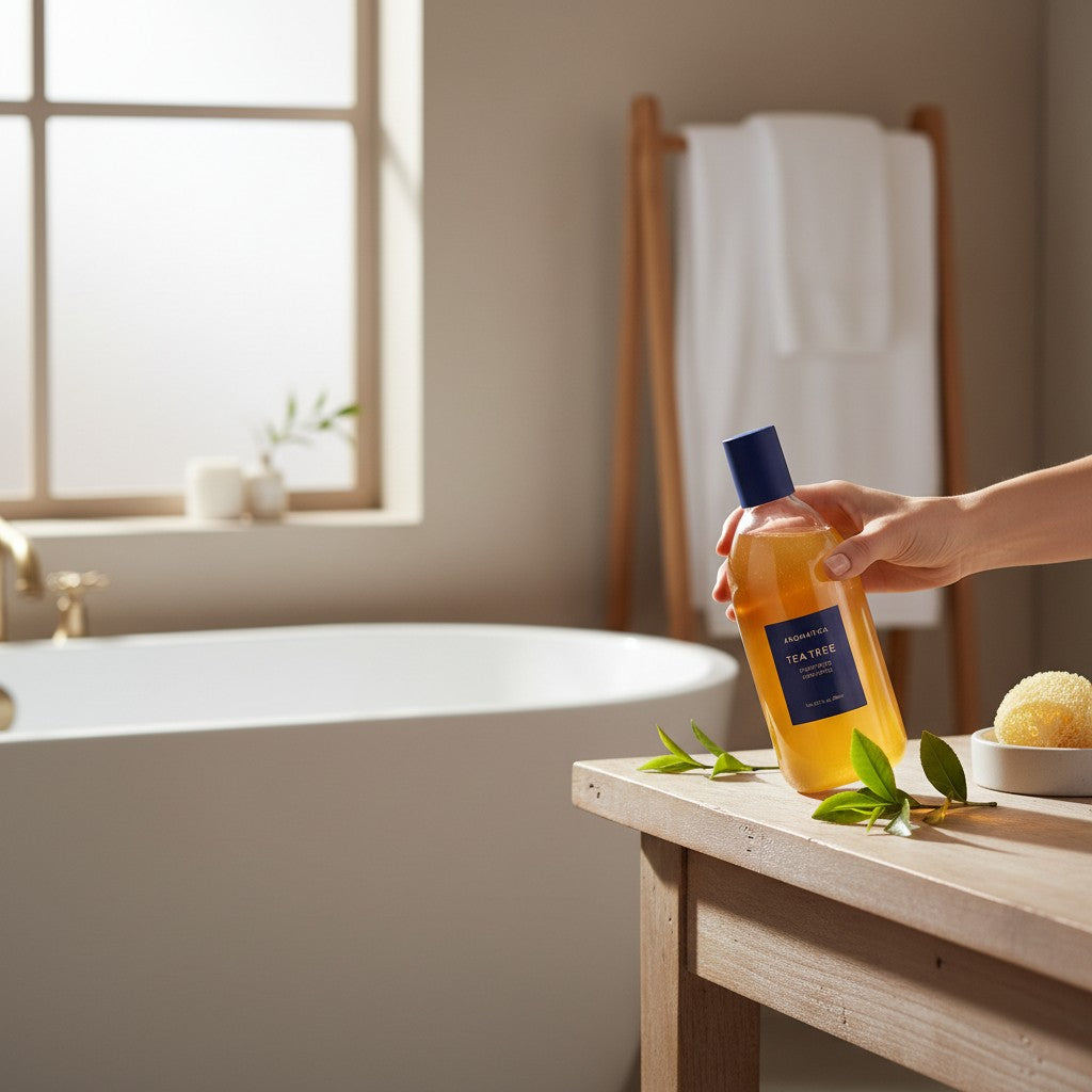 Skin TOGO Aromatica Tea Tree Purifying Shampoo bottle held by a hand in a bright, minimalist bathroom setting.