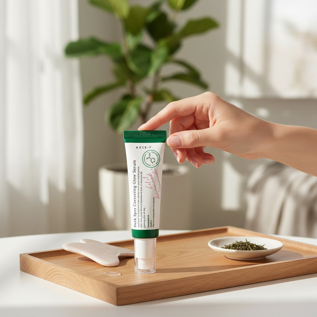 Skin TOGO Axis-Y Dark Spot Correcting Glow Serum in a white tube held by a hand on a wooden tray with a gua sha tool.