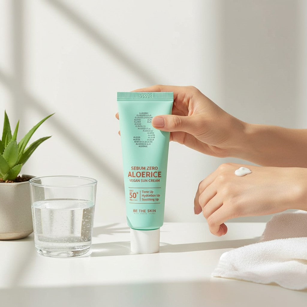 Skin TOGO Be The Skin Sebum Zero Aloerice vegan sun cream in a mint green tube held by a hand with cream swatch