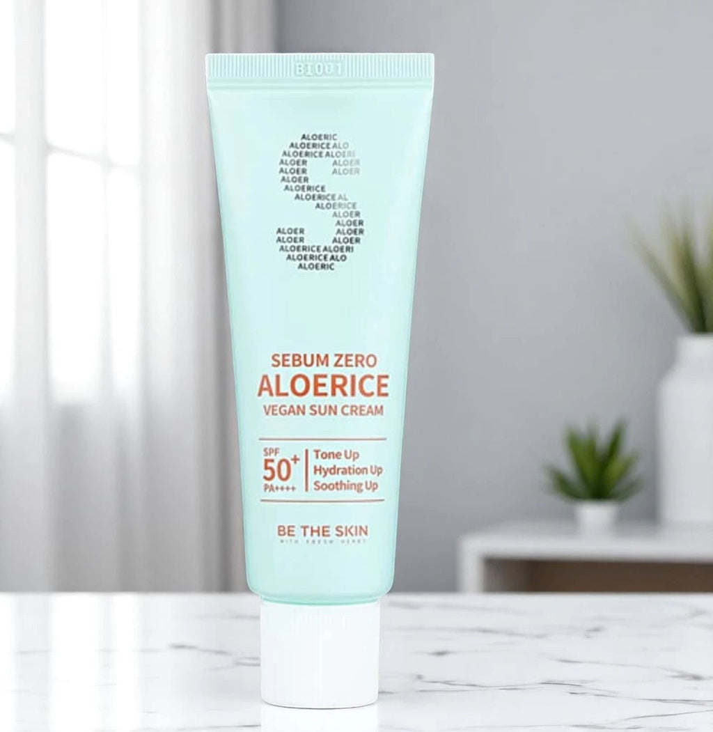 Skin TOGO Be The Skin Sebum Zero Aloerice SPF 50+ vegan sun cream in a light mint green tube for oily skin.