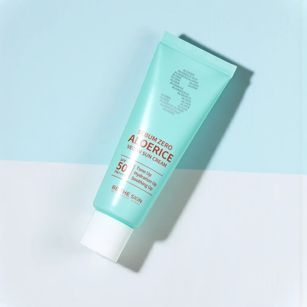 Skin TOGO Be The Skin Sebum Zero Aloerice SPF 50+ suncream in a light green tube for oily skin.