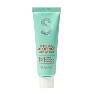 Skin TOGO Be The Skin Sebum Zero Aloerice Suncream in a light green 50ml tube with SPF 50+ PA++++ protection.