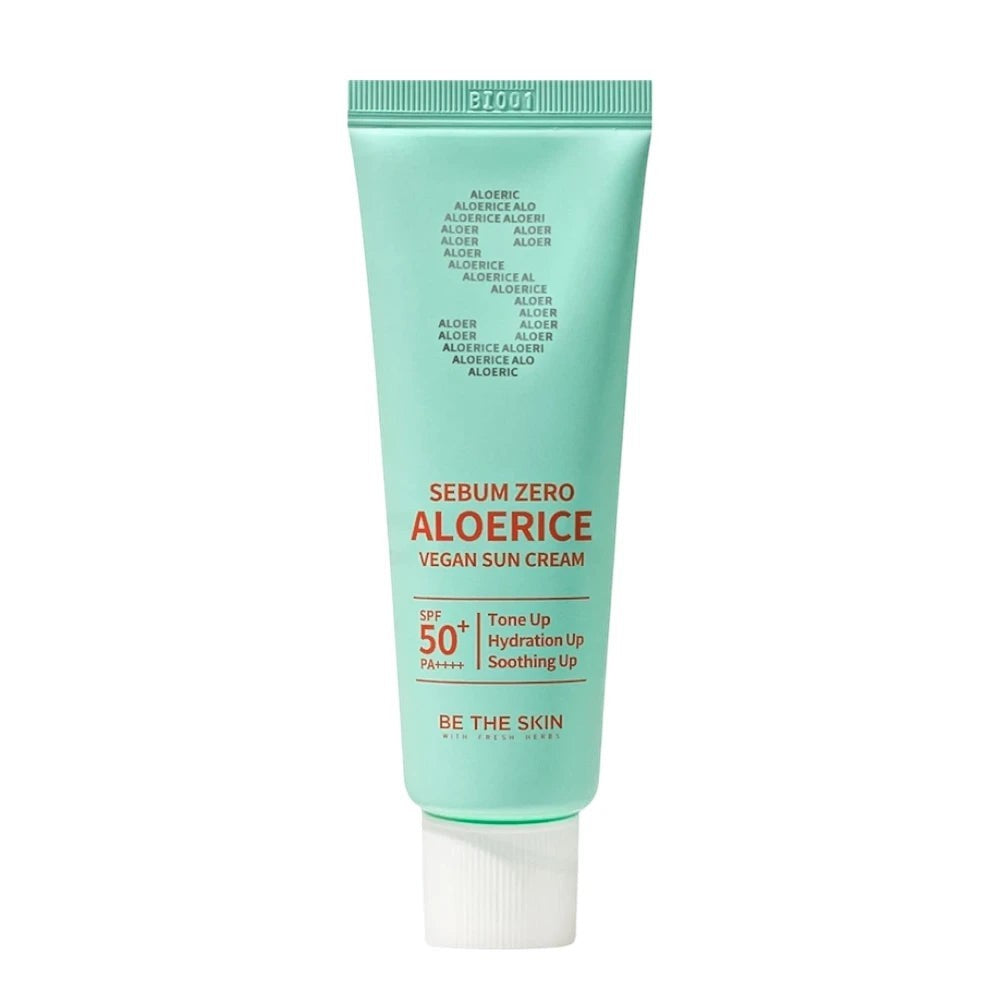 Skin TOGO Be The Skin Sebum Zero Aloerice Suncream in a light green 50ml tube with SPF 50+ PA++++ protection.