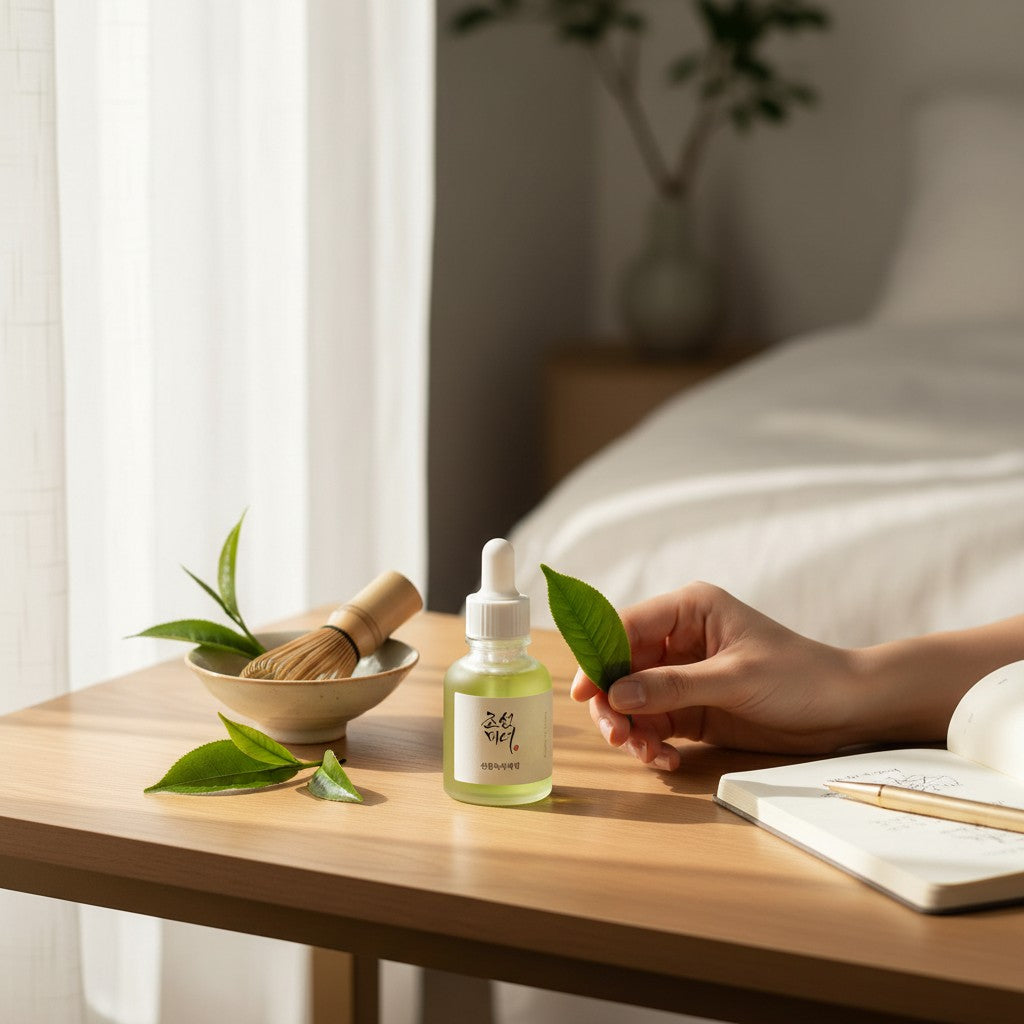 Skin TOGO Beauty of Joseon Calming Serum with green tea and panthenol on a wooden desk with fresh tea leaves.