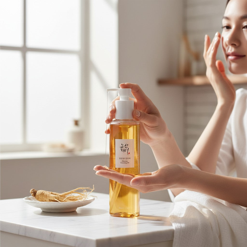 Skin TOGO Beauty of Joseon Ginseng Cleansing Oil in a clear pump bottle with a fresh ginseng root on a bright table