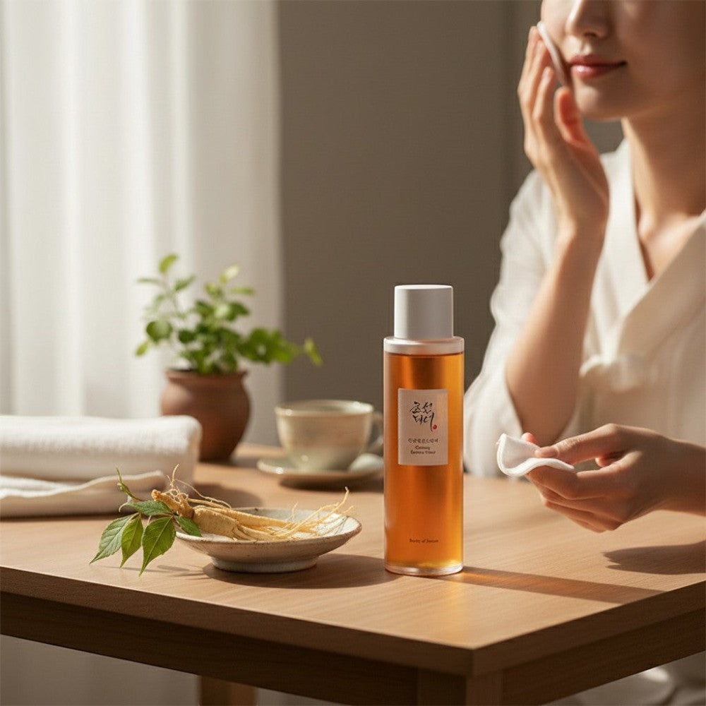Skin TOGO Beauty of Joseon Ginseng Essence Water bottle on a wooden table with fresh ginseng root and a woman applying it.