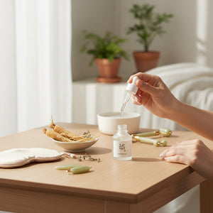 Skin TOGO Beauty of Joseon Glow Deep Serum with rice and arbutin, held by a hand over a wooden table with ginseng.
