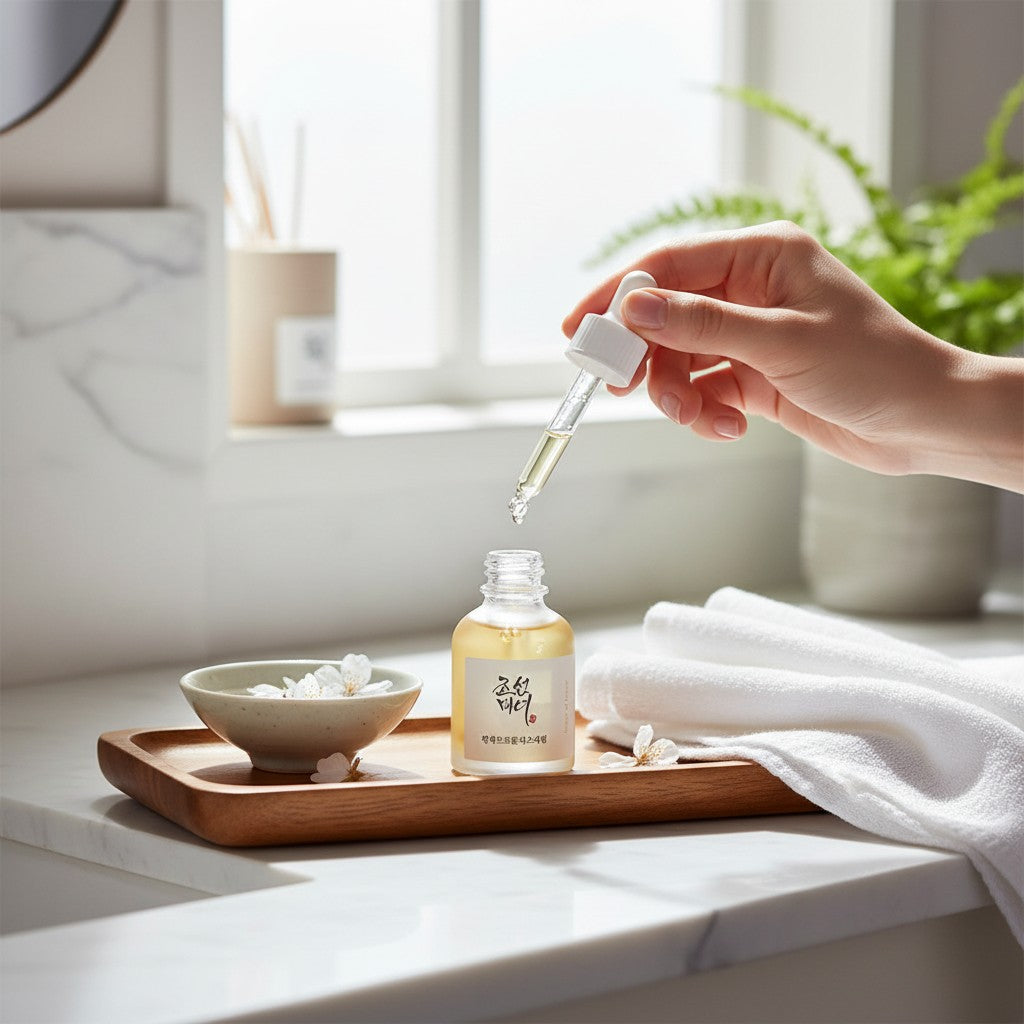 Skin TOGO Beauty of Joseon Glow Serum with propolis and niacinamide being applied with a dropper in a bright bathroom