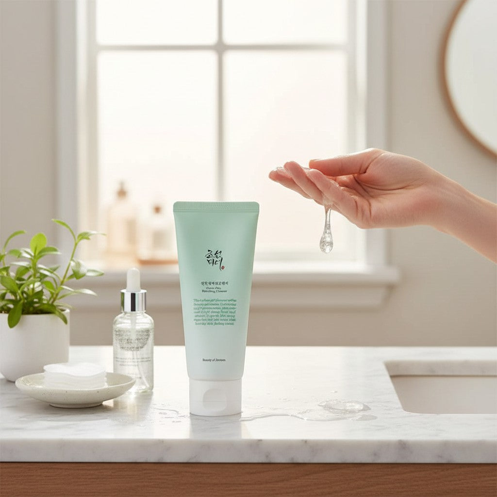 Skin TOGO Beauty of Joseon Green Plum Refreshing Cleanser tube with gel texture on hand in a bright bathroom setting