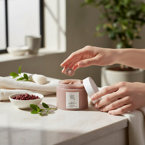 Skin TOGO Beauty of Joseon Red Bean Refreshing Pore Mask in a jar with a hand applying the creamy clay texture