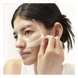 Skin TOGO Biodance Bio-Collagen Real Deep Mask being applied to a woman's face, showing the transparent hydrogel texture.
