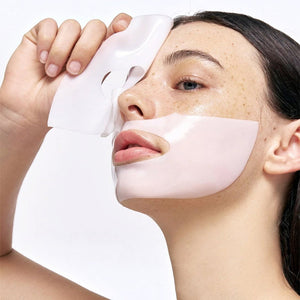 Skin TOGO Biodance Bio-Collagen Real Deep Mask on a model's face, showing the white hydrogel sheet texture.