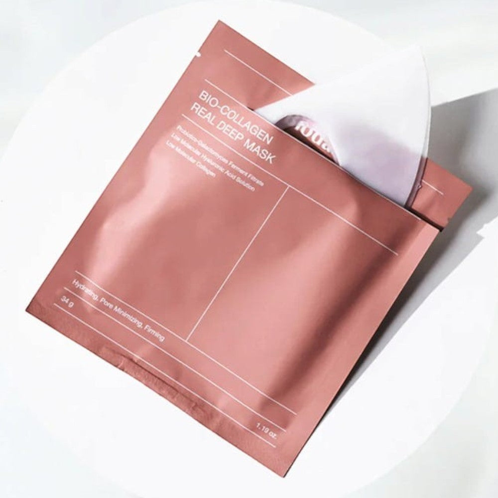 Skin TOGO Biodance Bio-Collagen Real Deep Mask in a metallic rose-gold sachet for intensive skin firming and hydration.