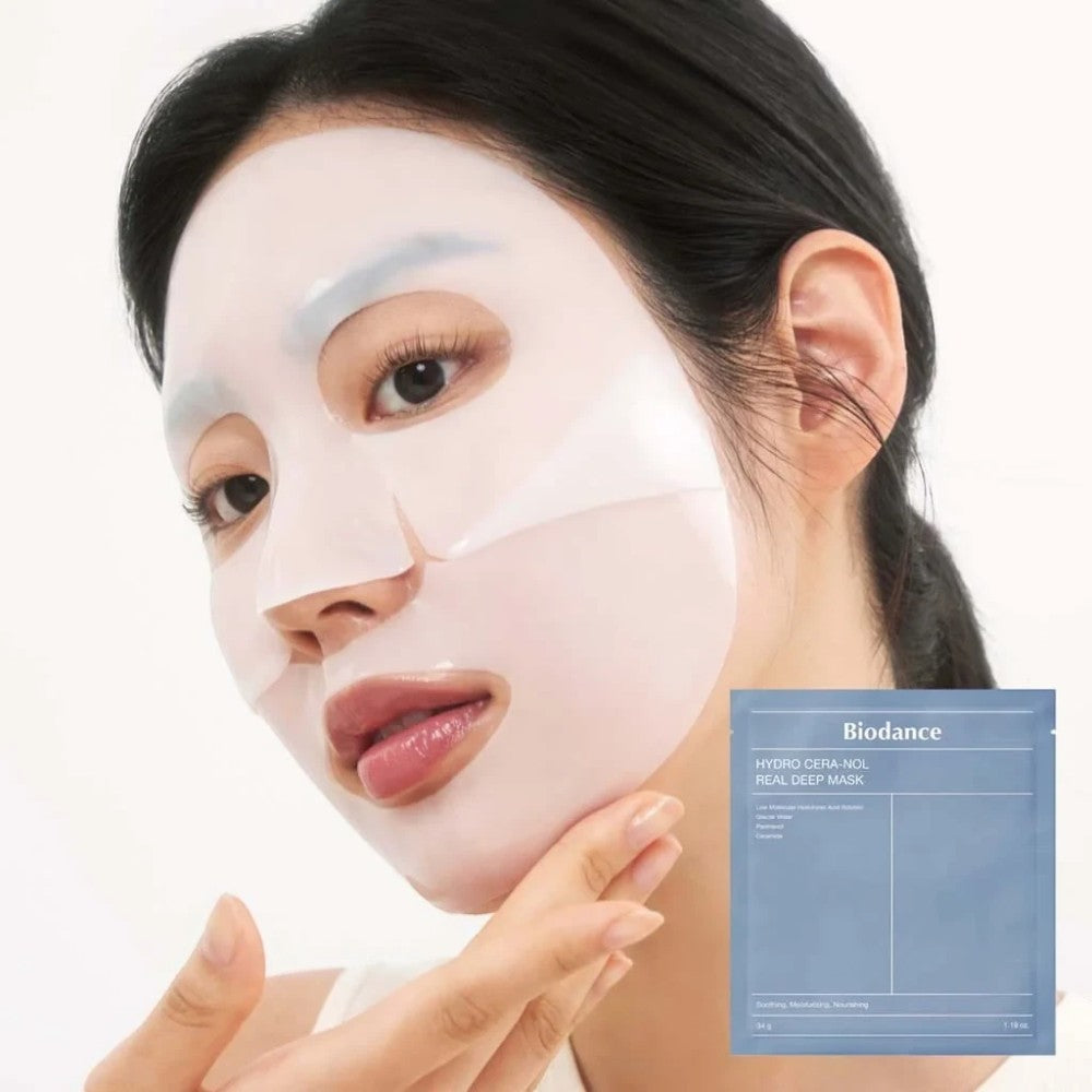 Skin TOGO model wearing a Biodance Hydro Cera-Nol Real Deep Mask that is becoming transparent on her face