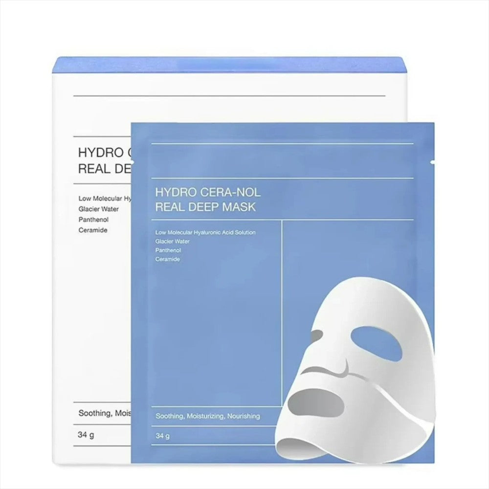 Skin TOGO Biodance Hydro Cera-Nol Real Deep Mask packaging and individual hydrogel sheet mask sachet in blue.