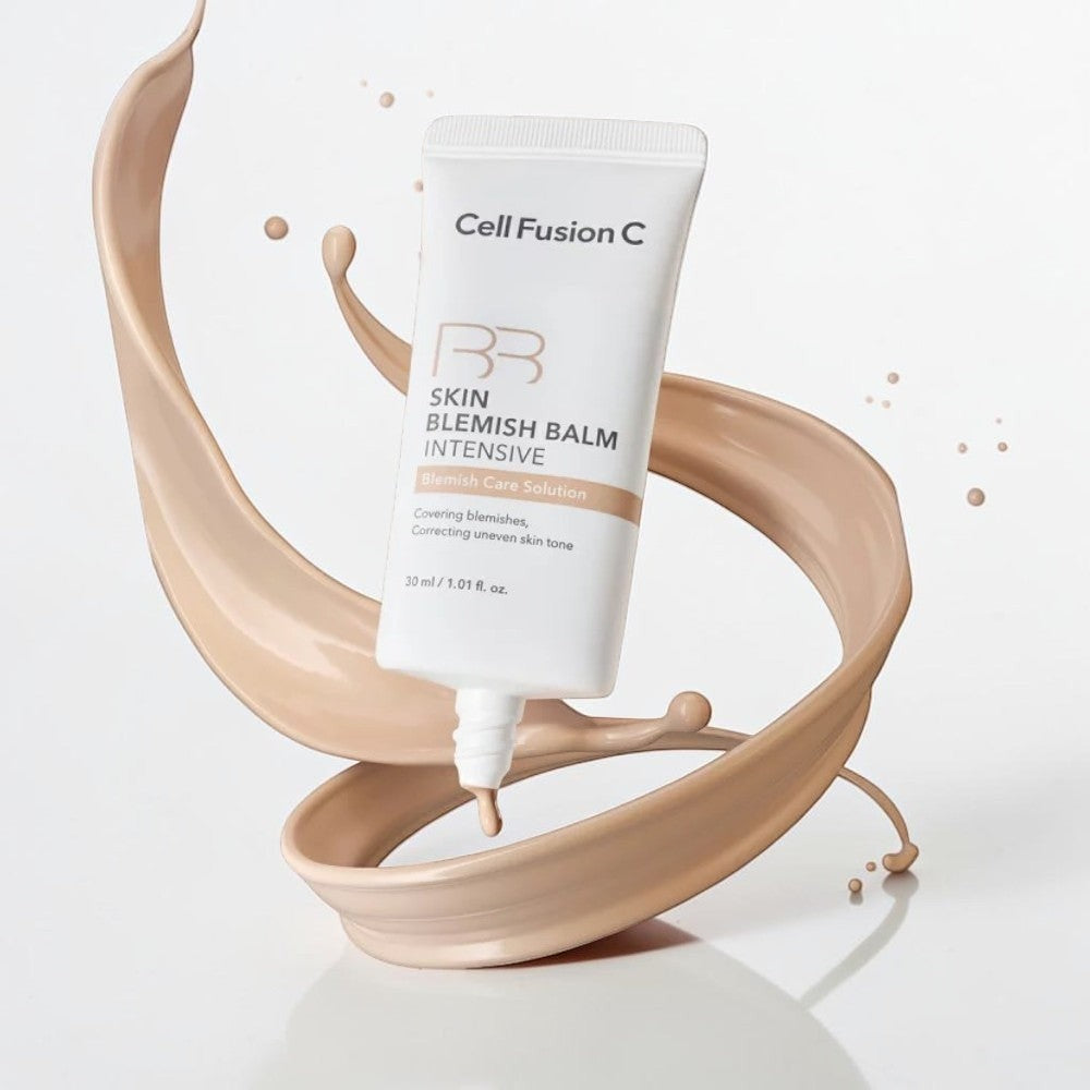 Skin TOGO Cell Fusion C Skin Blemish Balm Intensive #21 Natural Light BB cream tube with a liquid texture splash.