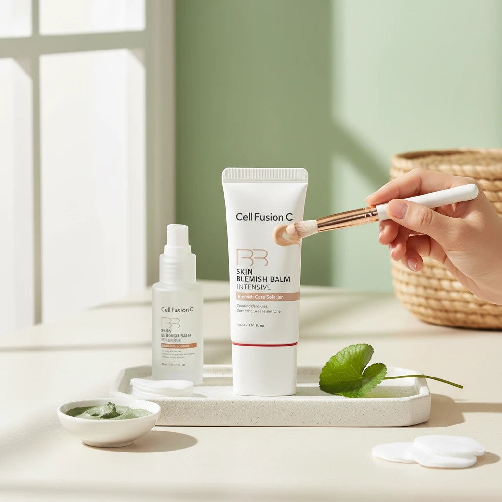 Skin TOGO Cell Fusion C Skin Blemish Balm Intensive in shade 21 Natural Light being applied with a makeup brush.