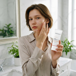 Skin TOGO model applying Cell Fusion C Skin Blemish Balm Intensive #21 Natural Light BB cream to her cheek