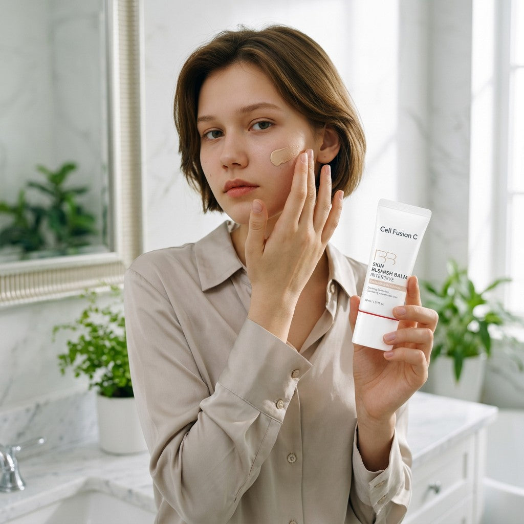 Skin TOGO model applying Cell Fusion C Skin Blemish Balm Intensive #21 Natural Light BB cream to her cheek