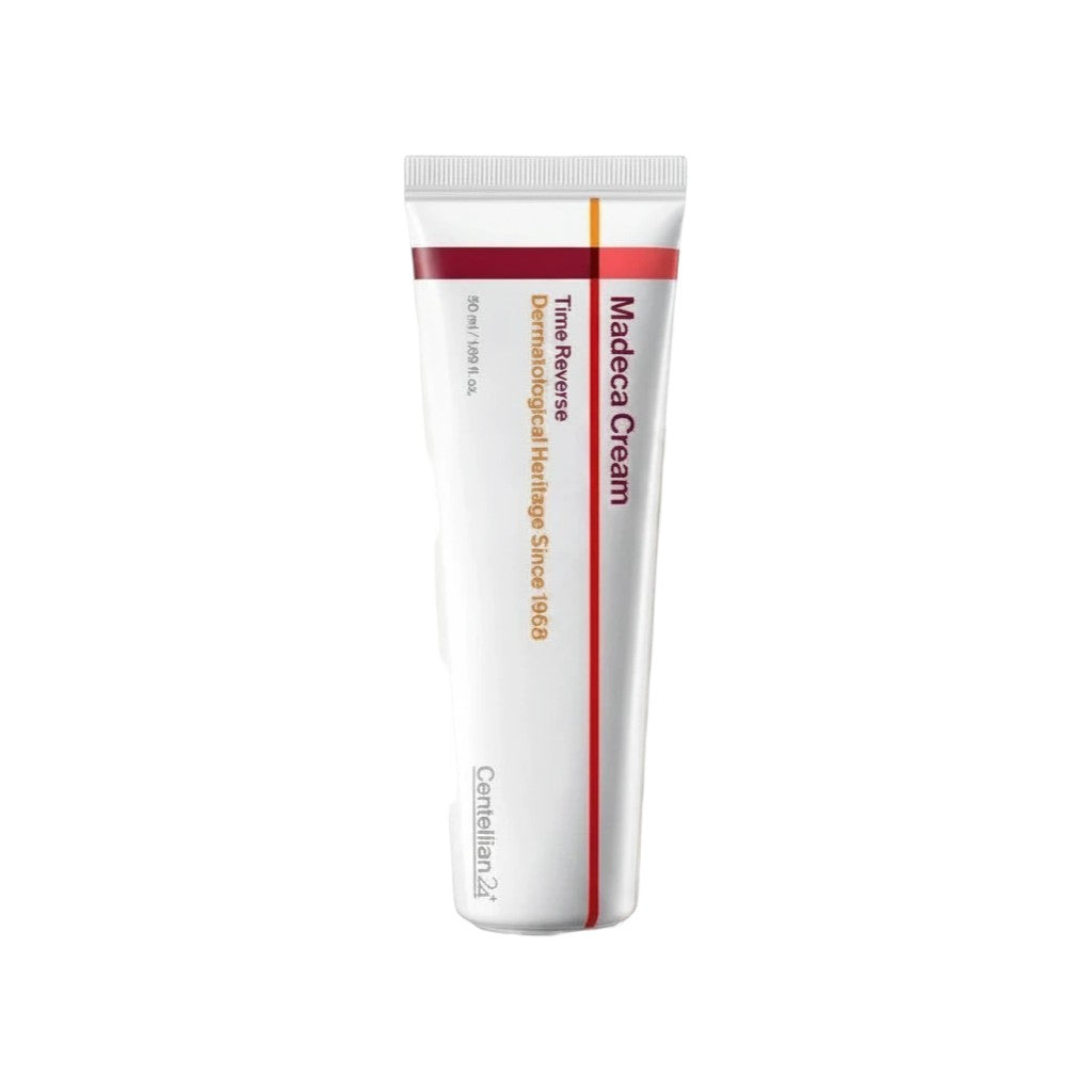 Skin TOGO Centellian 24 Madeca Cream Time Reverse anti-aging face cream in a white tube with cream texture swatch