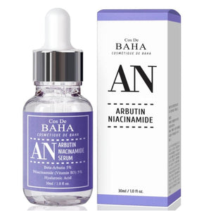 Skin TOGO Cos De BAHA AN Arbutin Niacinamide Serum 30ml bottle and box for brightening uneven skin tone.