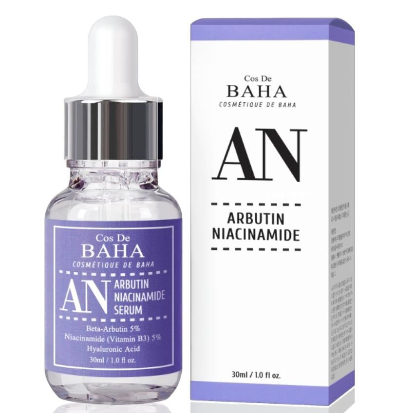 Skin TOGO Cos De BAHA AN Arbutin Niacinamide Serum 30ml bottle and box for brightening uneven skin tone.