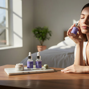 Skin TOGO model applying Cos De BAHA AN Arbutin Niacinamide serum on her face in a bright, sunlit bedroom setting.