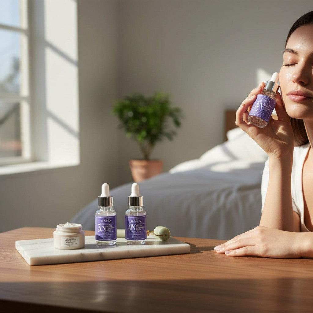 Skin TOGO model applying Cos De BAHA AN Arbutin Niacinamide serum on her face in a bright, sunlit bedroom setting.