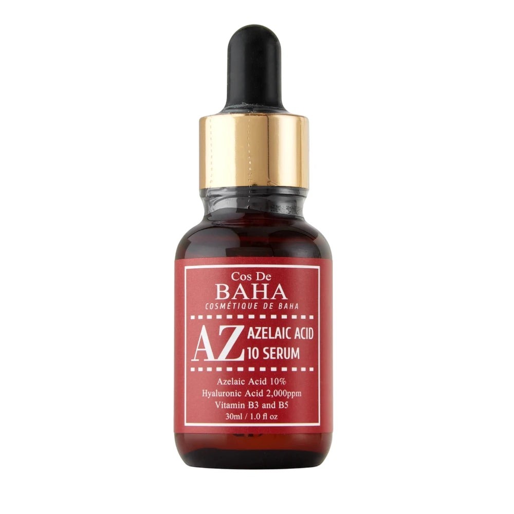 Skin TOGO Cos De BAHA AZ Azelaic Acid 10 serum in a 30ml amber glass bottle with a gold dropper cap.