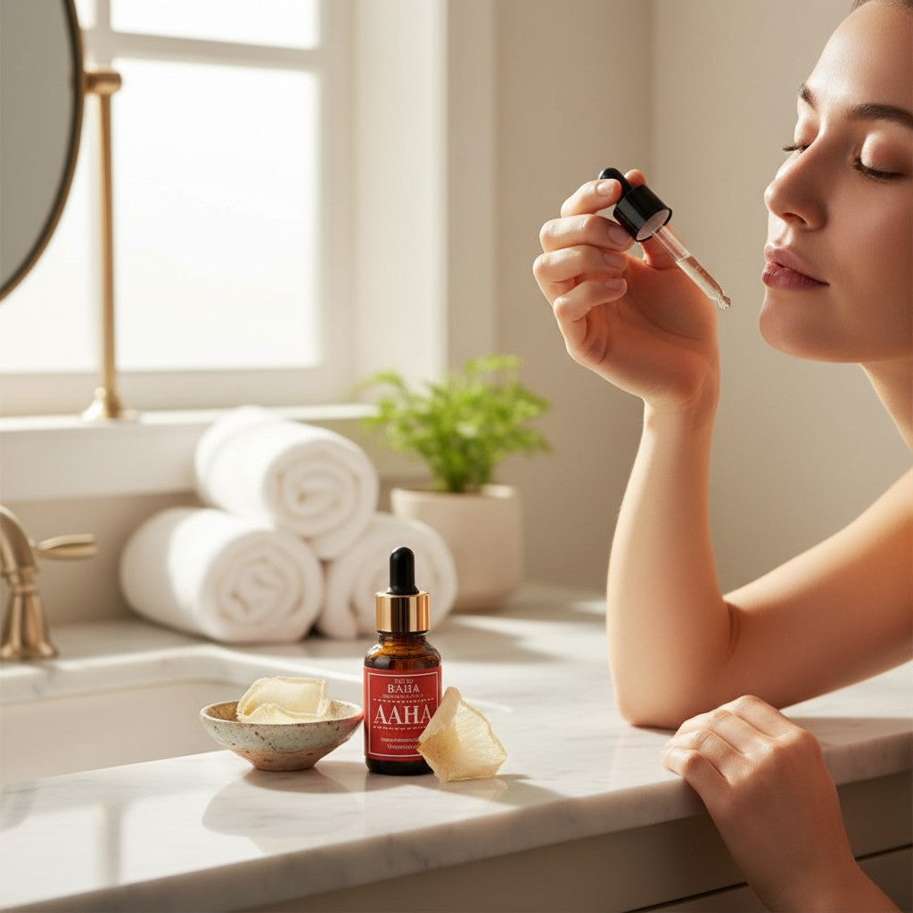 Skin TOGO Cos De BAHA AZ Azelaic Acid 10 serum bottle on a marble bathroom counter with a woman applying the product.