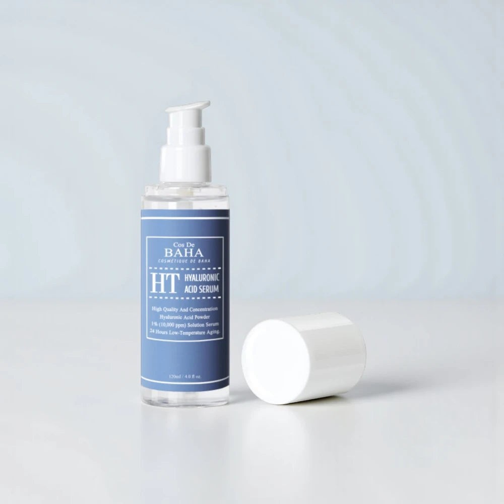 Skin TOGO Cos De BAHA H Hyaluronic Acid Serum in a clear 120ml pump bottle with a white cap on a light background.