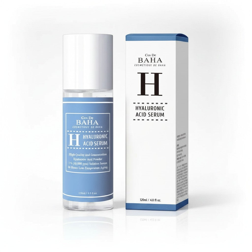 Skin TOGO Cos De BAHA H Hyaluronic Acid Serum 120ml bottle and its white and blue packaging box.