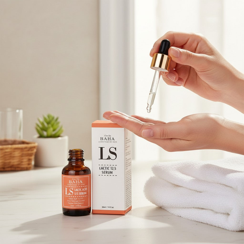 Skin TOGO Cos De BAHA LS Lactic Acid 12.5% serum bottle and box with a hand using the dropper on a white surface.