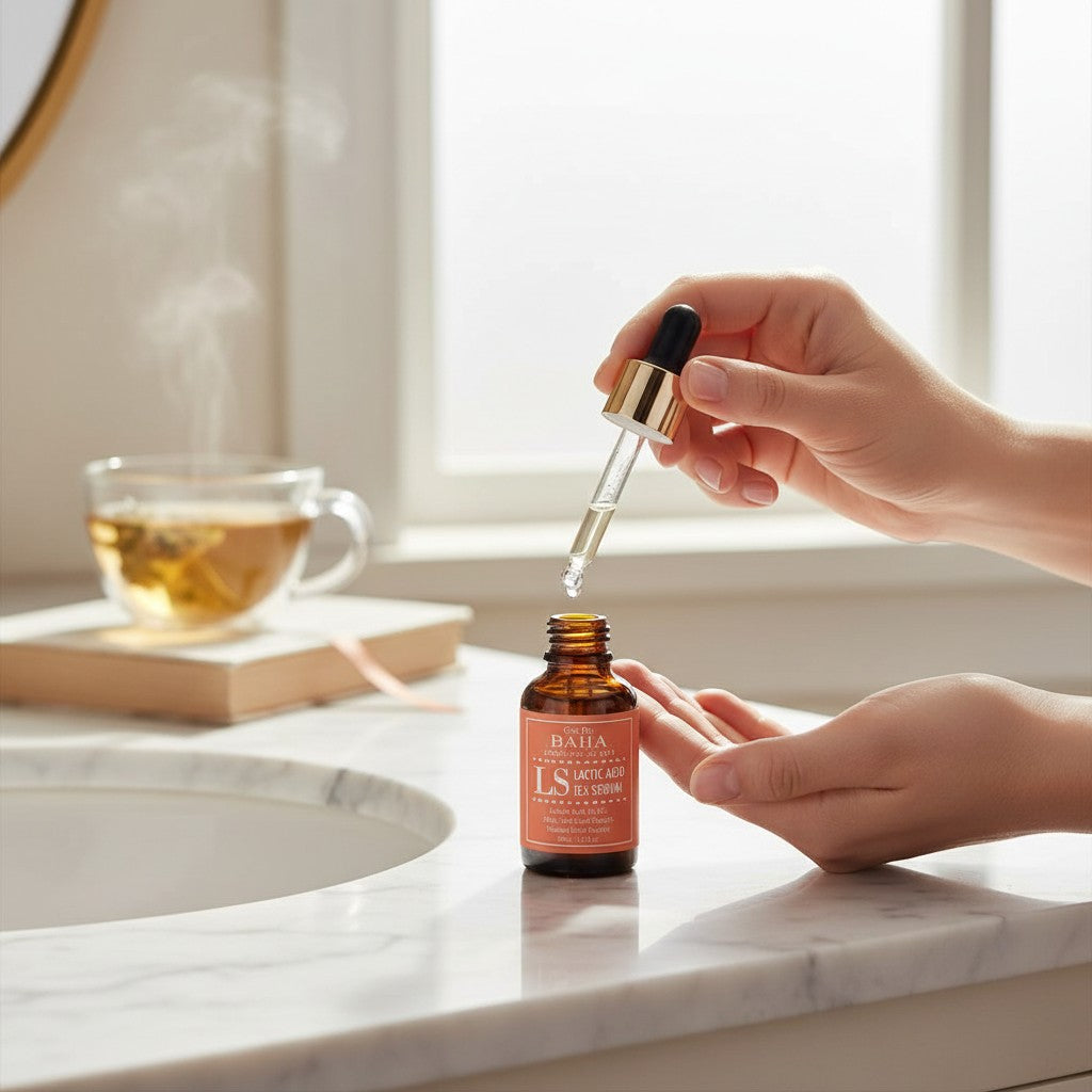 Skin TOGO Cos De BAHA LS Lactic Acid 12.5% serum in an amber bottle with a dropper being applied to a hand.