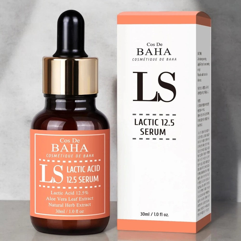 Skin TOGO Cos De BAHA LS Lactic Acid 12.5% serum bottle and packaging box for skin exfoliation and brightening.