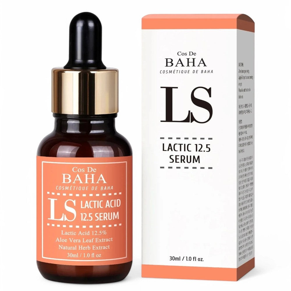 Skin TOGO Cos De BAHA LS Lactic Acid 12.5% serum bottle and packaging box for skin exfoliation and brightening.