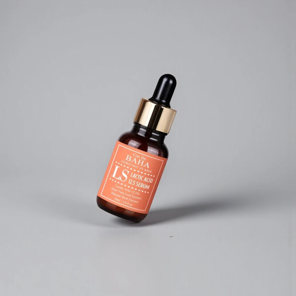 Skin TOGO Cos De BAHA LS Lactic Acid 12.5% serum in a brown glass dropper bottle for skin exfoliation.