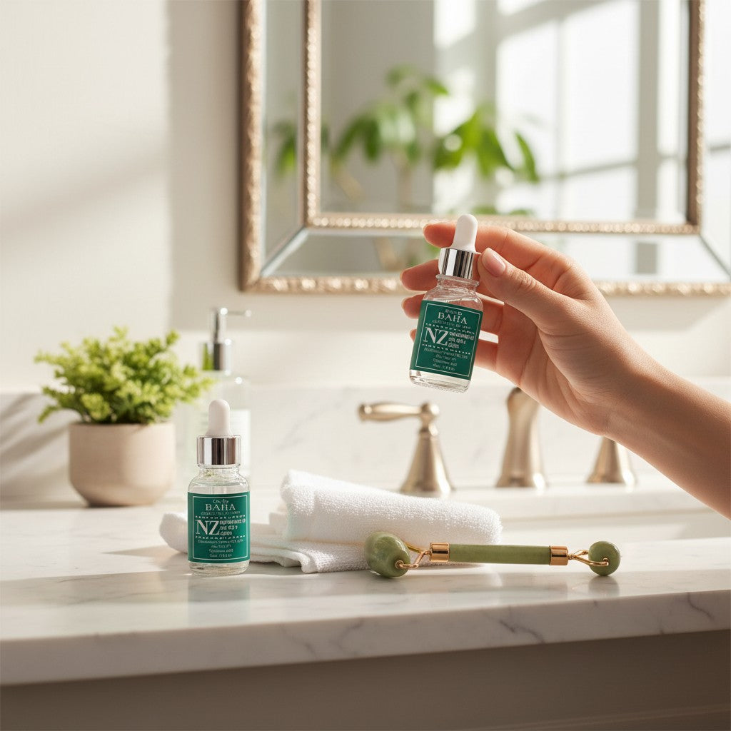 Skin TOGO Cos De BAHA NZ Niacinamide 20% Zinc PCA 4% serum bottles on a bathroom vanity with a jade roller.