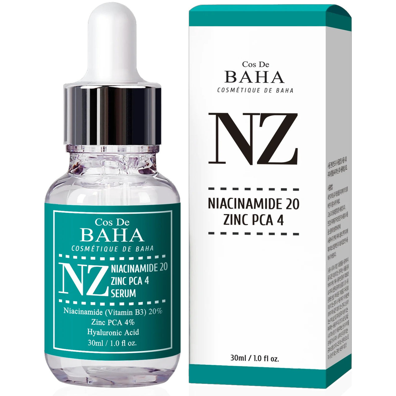 Skin TOGO Cos De BAHA NZ Niacinamide 20% and Zinc PCA 4% serum bottle and packaging box for oily skin care