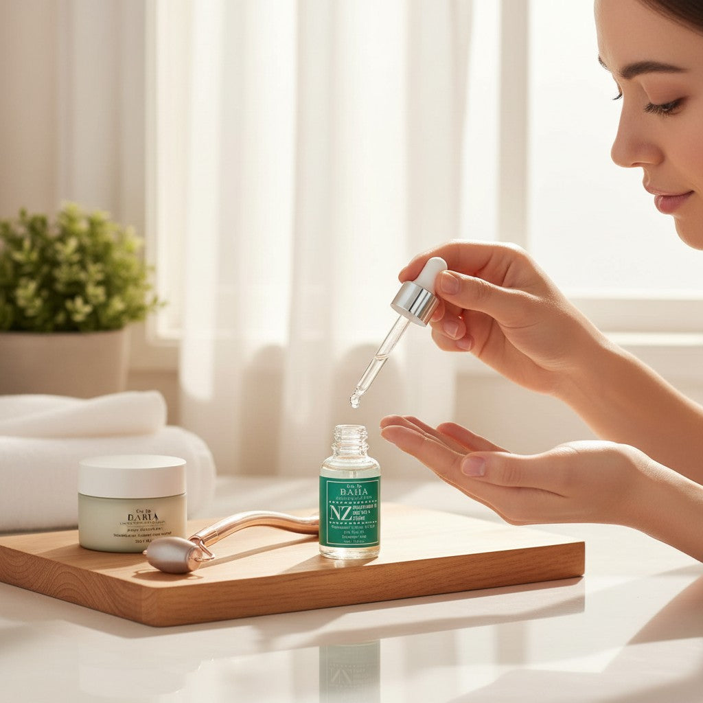 Skin TOGO Cos De BAHA Niacinamide 20% and Zinc PCA 4% serum bottle with dropper in a bright, minimalist setting.
