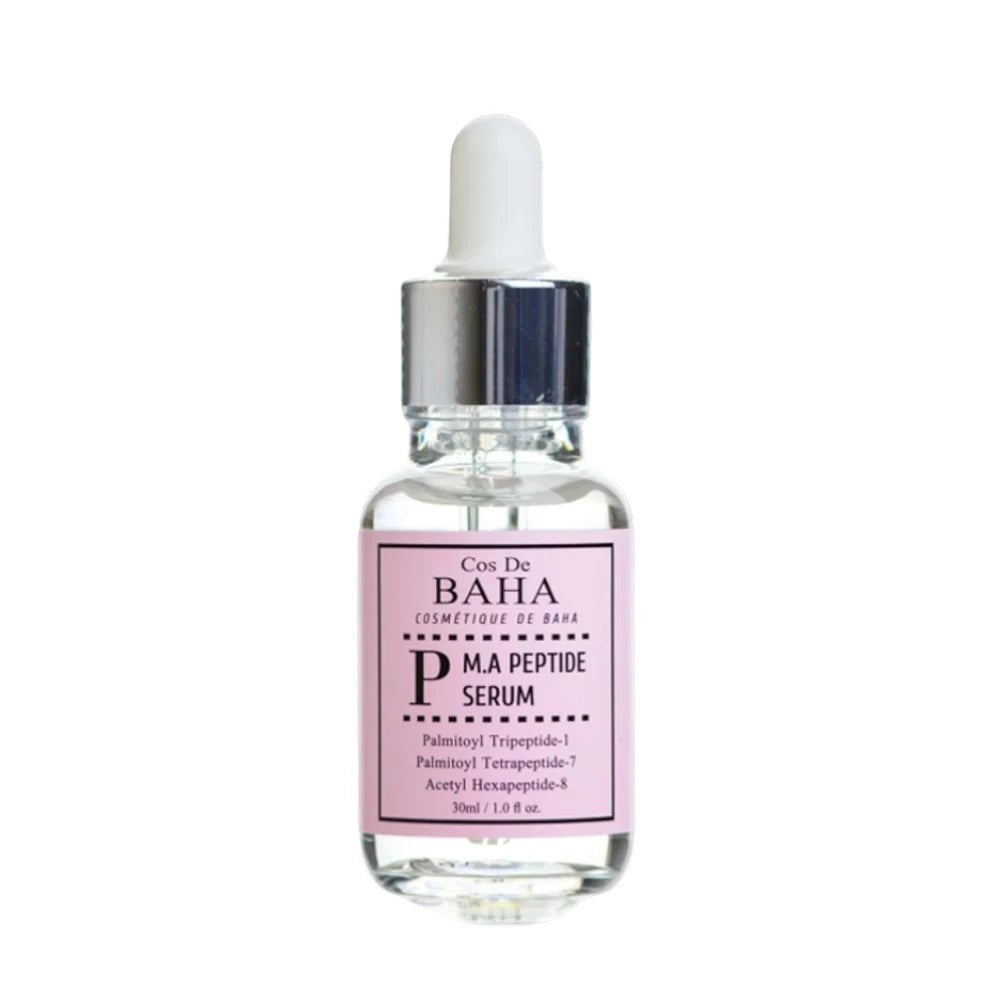 Skin TOGO Cos De BAHA P.M.A Peptide Serum in a 30ml glass dropper bottle with a pink label for anti-aging skincare.