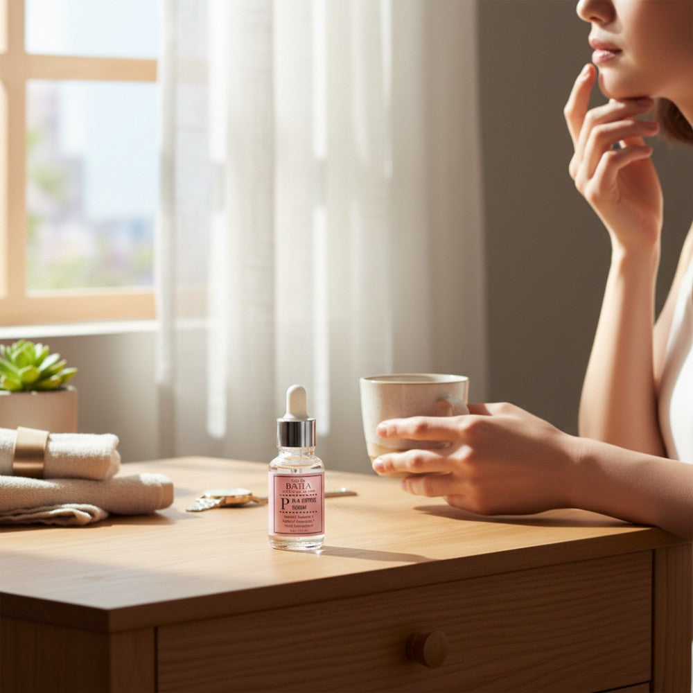 Skin TOGO Cos De BAHA P.M.A Peptide Serum bottle on a wooden table next to a woman holding a coffee cup