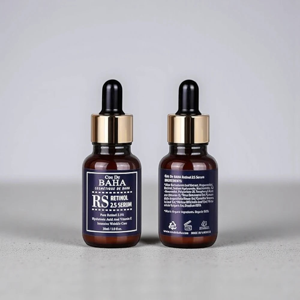 Skin TOGO Cos De BAHA RS Retinol 2.5% serum bottles showing front label and ingredient list on a grey surface.