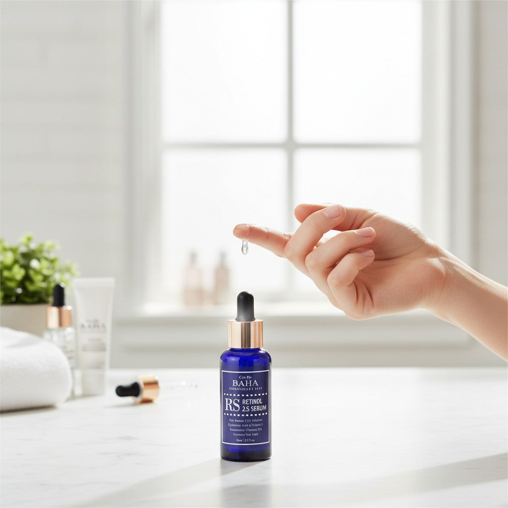 Skin TOGO Cos De BAHA RS Retinol 2.5% serum in a blue glass bottle with a dropper, shown with a drop on a finger.