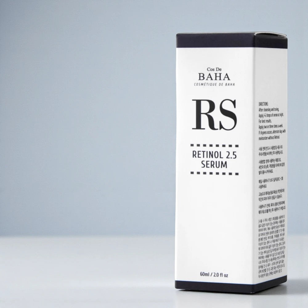 Skin TOGO Cos De BAHA RS Retinol 2.5% serum in a 60ml jumbo bottle with white and black minimalist packaging.