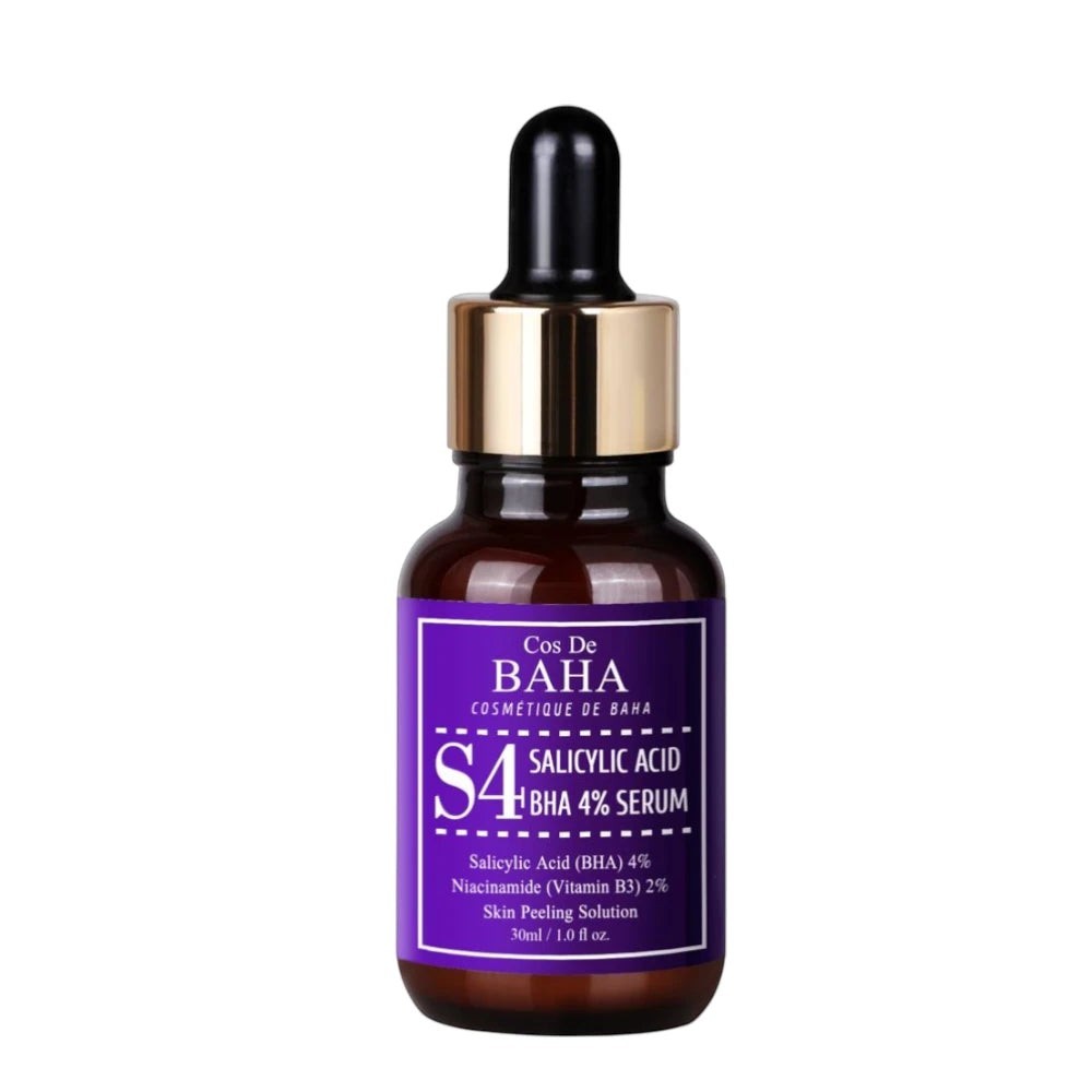 Skin TOGO Cos De BAHA S4 Salicylic Acid 4% BHA serum in a 30ml amber glass dropper bottle for acne-prone skin.